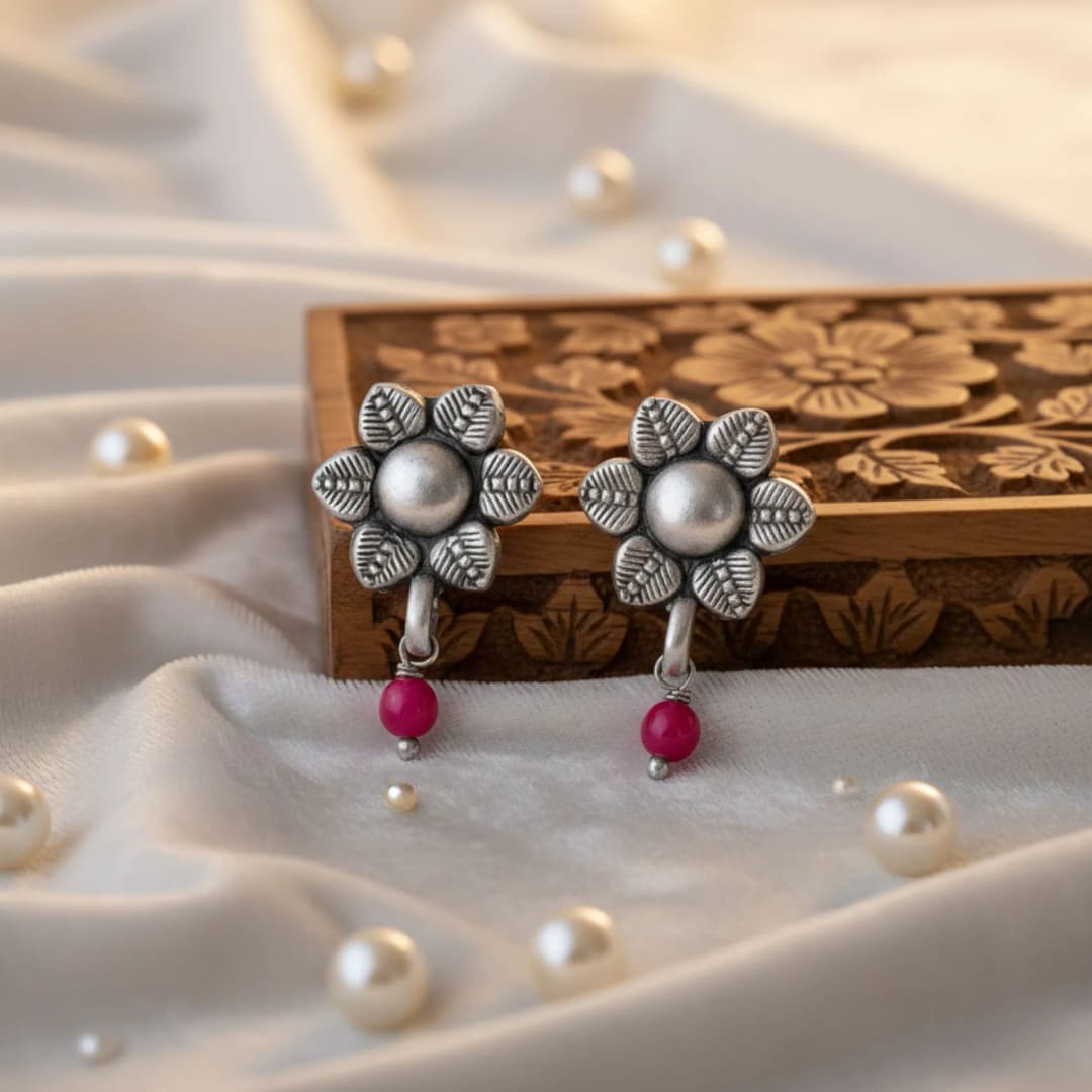 RoundPetal Oxidised Silver Drops