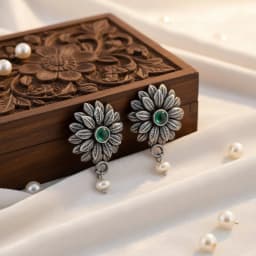 Mehfil Greenstone Oxidised Silver Earrings