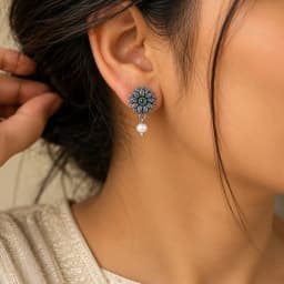 Mehfil Greenstone Oxidised Silver Earrings
