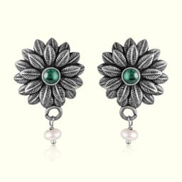 Mehfil Greenstone Oxidised Silver Earrings