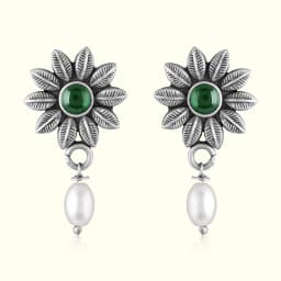 Green Stone Pearl Drop Silver Earrings