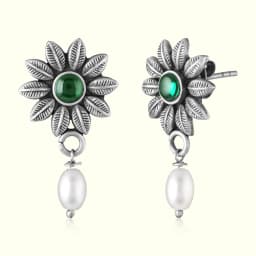 Green Stone Pearl Drop Silver Earrings