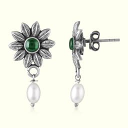 Green Stone Pearl Drop Silver Earrings