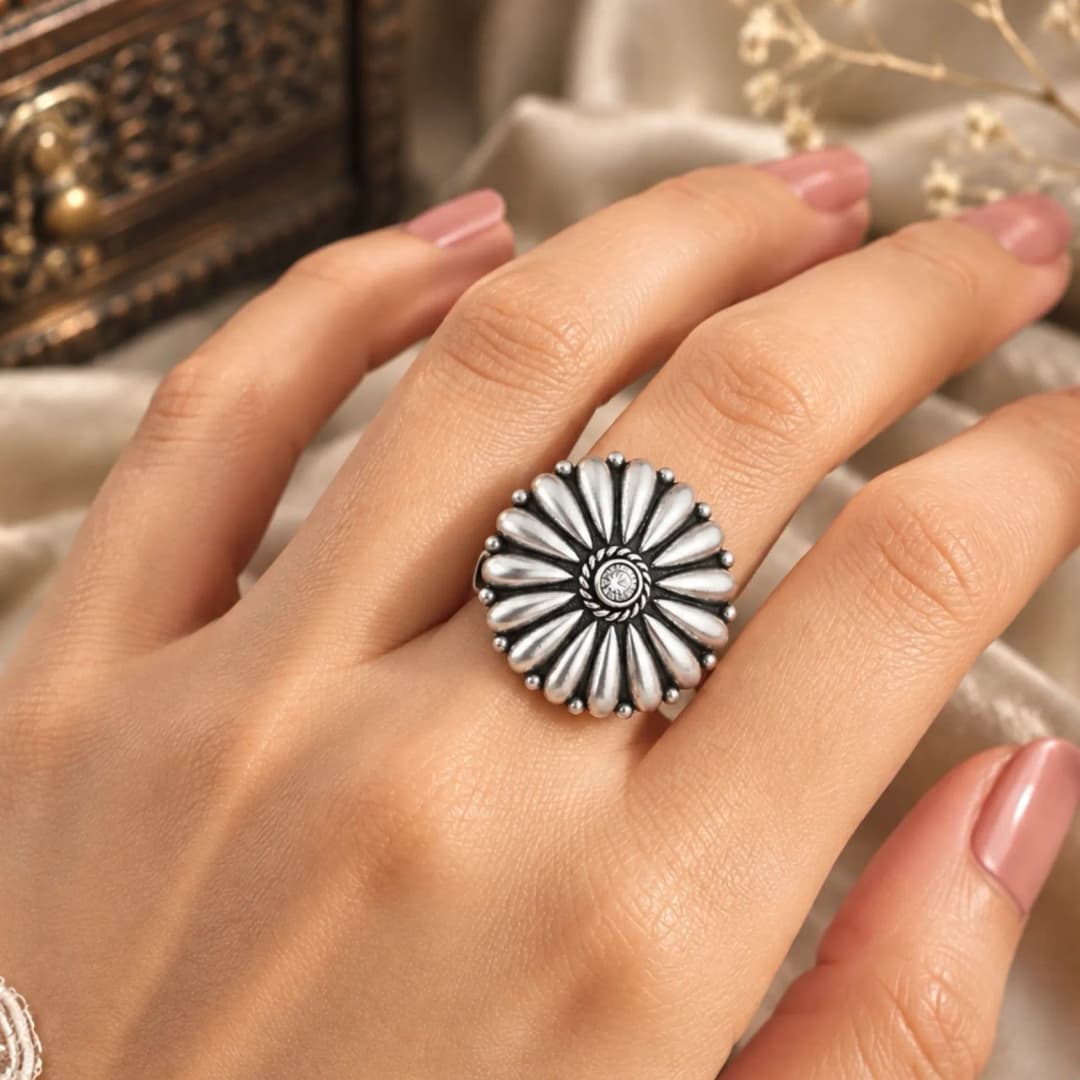 Classic Sunburst Oxidised Silver Adjustable Ring