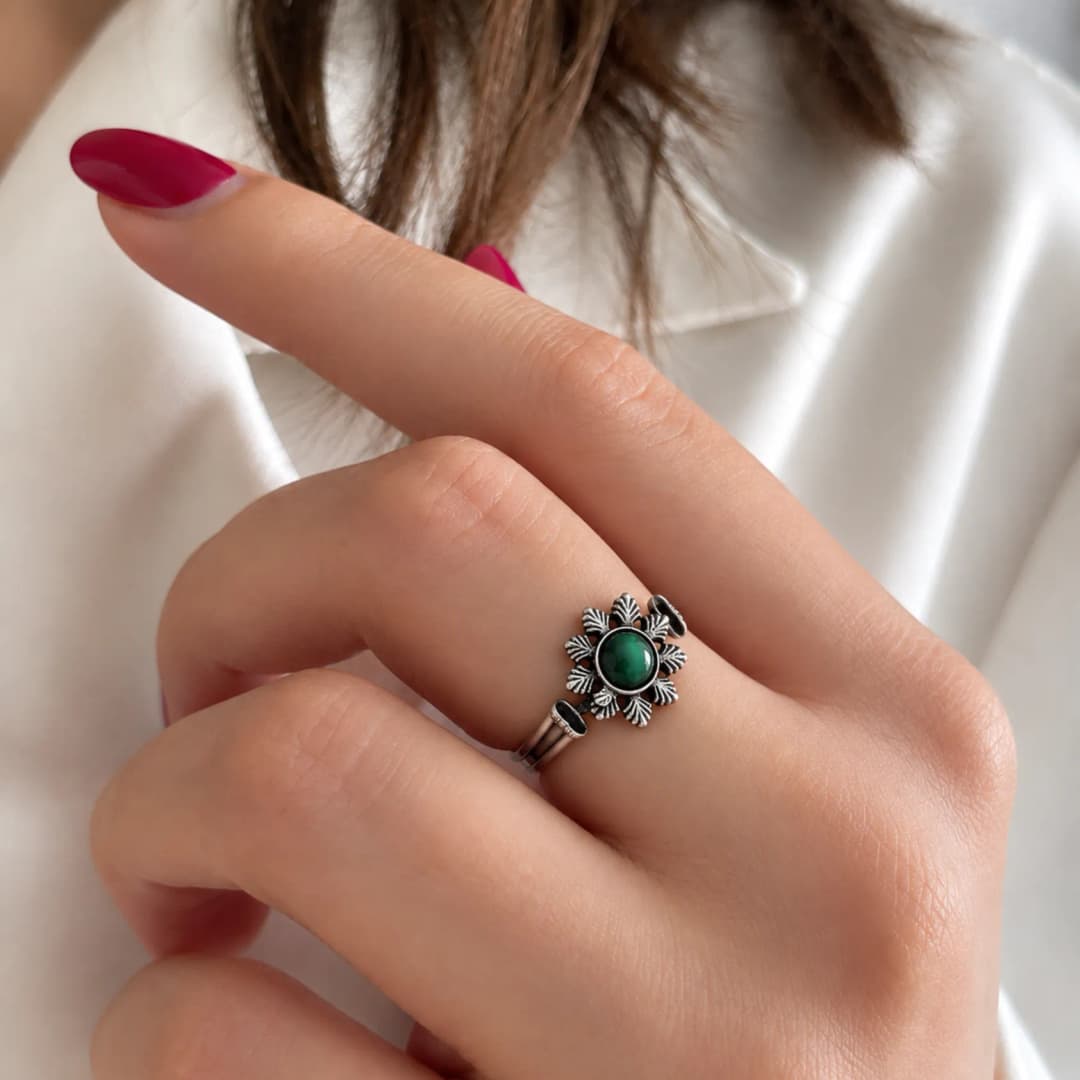 Green Oxidised Silver Ring