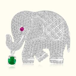Silver Elephant Brooch with Dangling Emerald