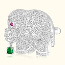 Silver Elephant Brooch with Dangling Emerald