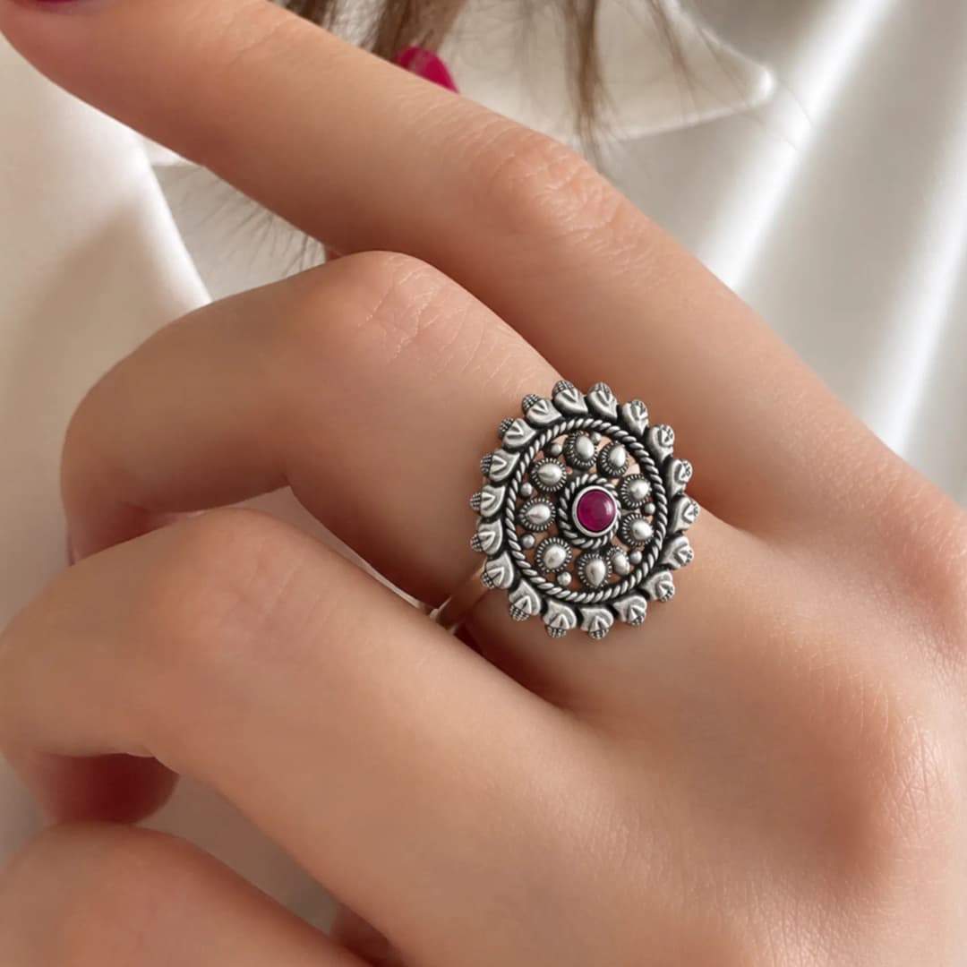 Ruby Mandala Oxidised Silver Adjustable Ring