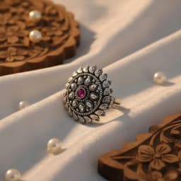 Ruby Mandala Oxidised Silver Adjustable Ring