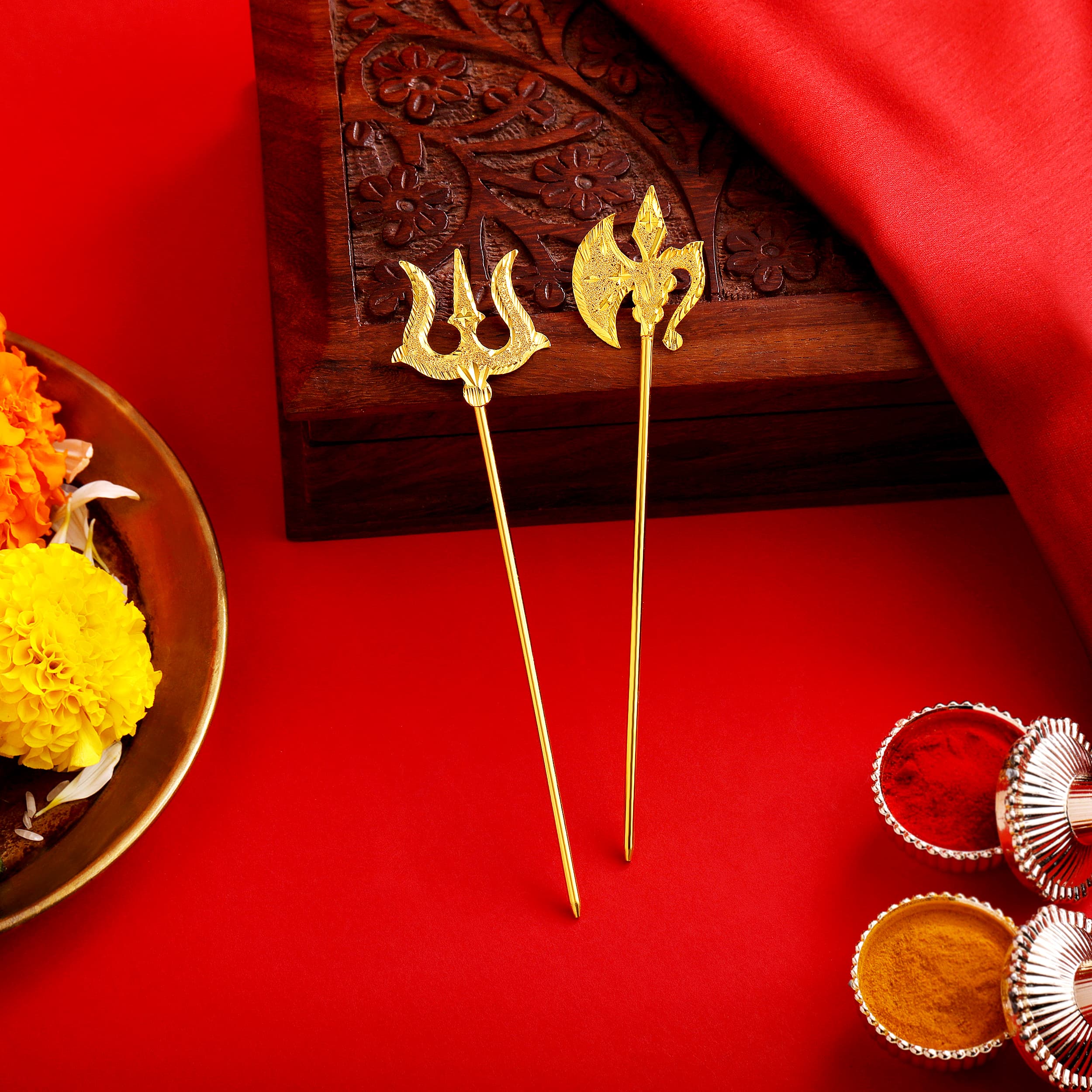 Golden Silver Parshu and Trishul Ganpati Decoration Set