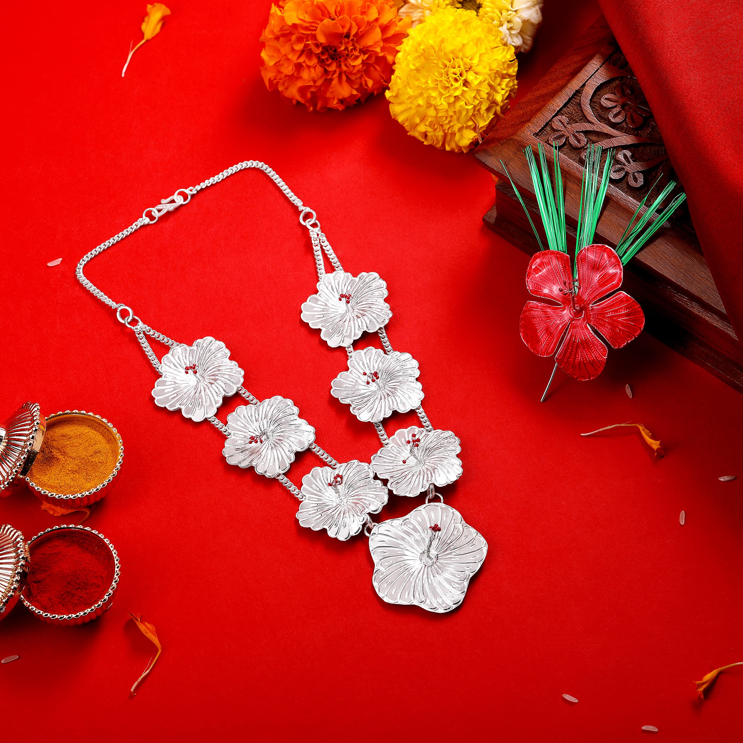Silver Red Jaswand Flower and Ganesh Utsav Jaswand Haar Set