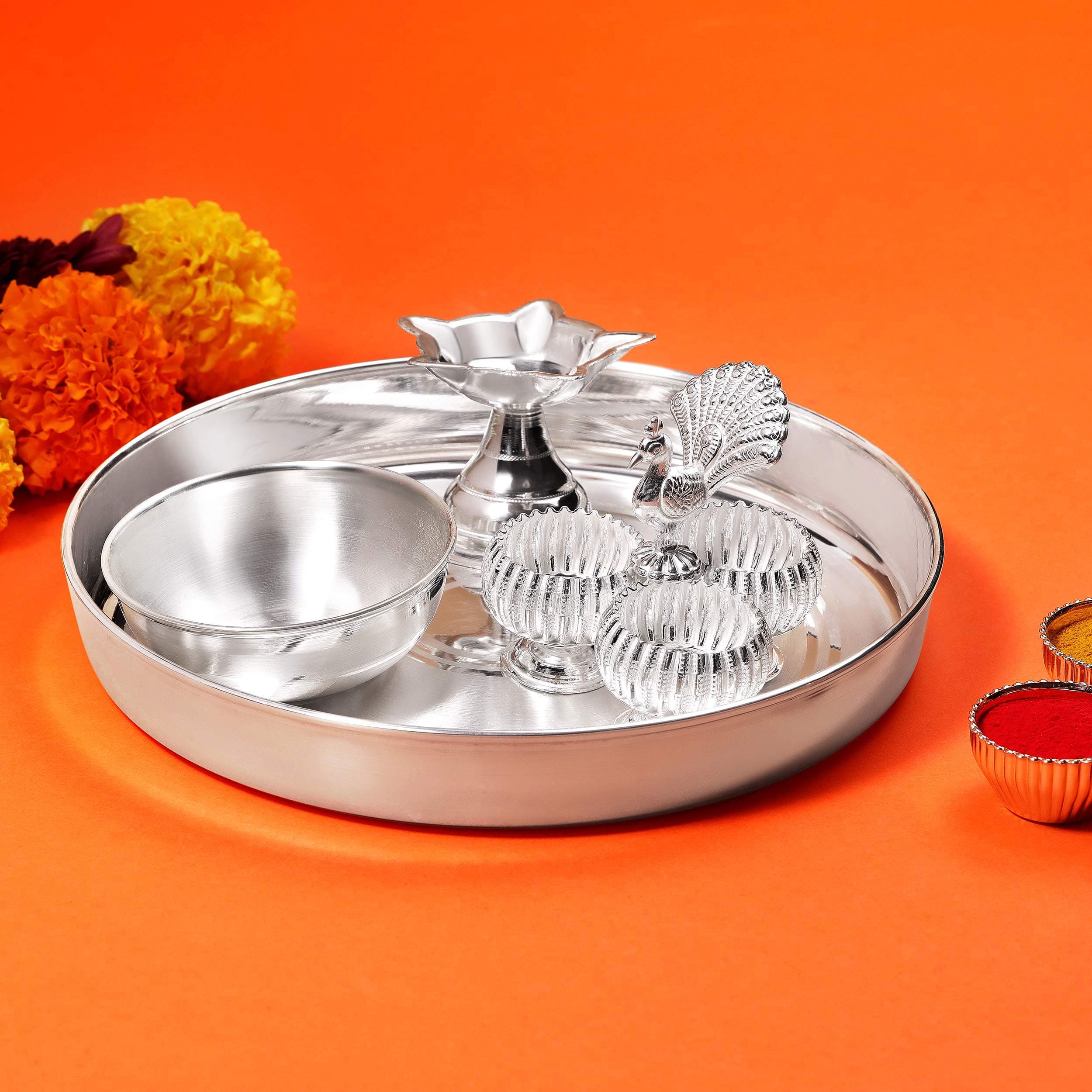 Pure Silver Mor Karanda Diya Set