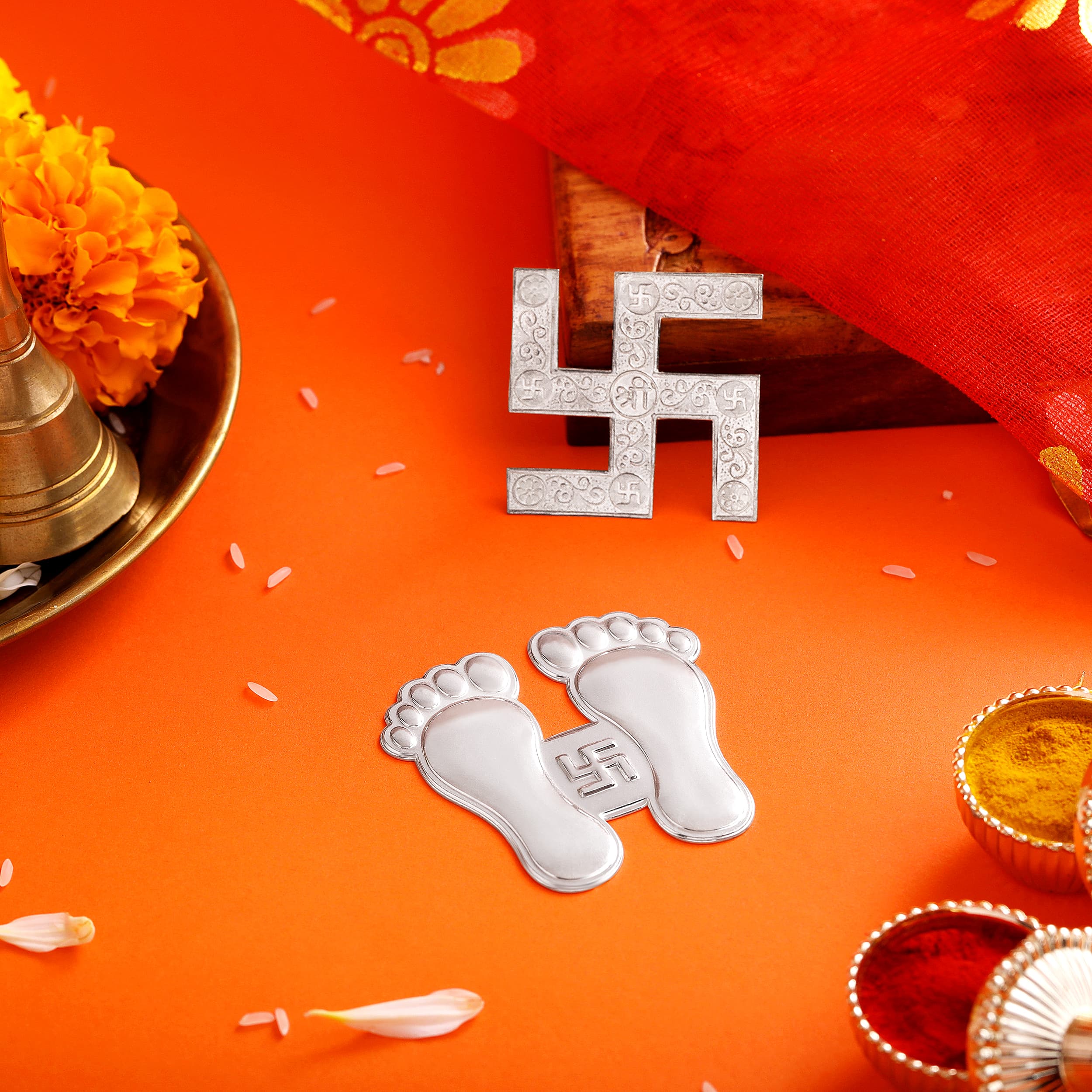 Pure Silver Swastik and Silver Paduka Set