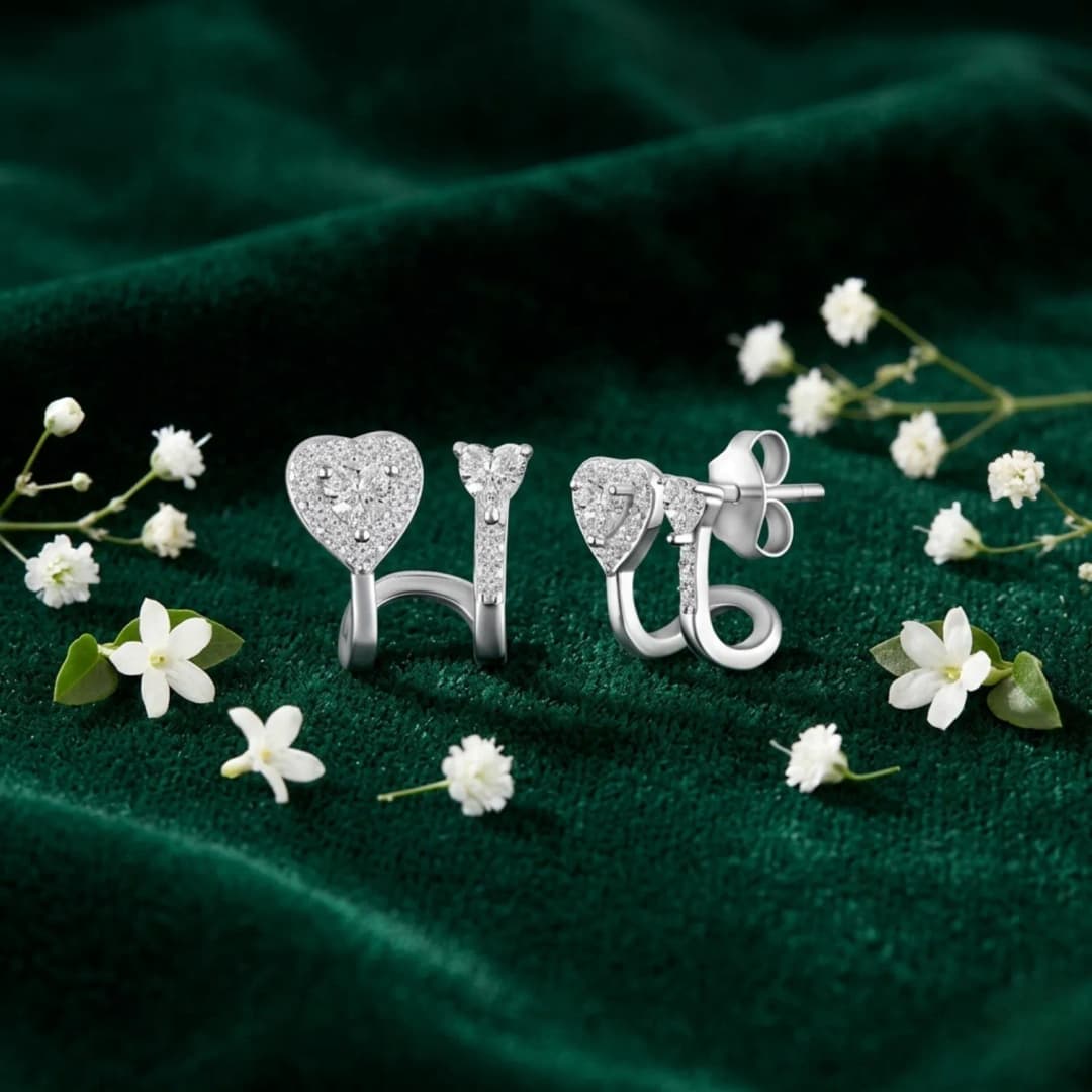 Sterling Silver CZ Heart Ear Climbers
