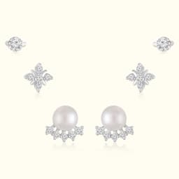 Sterling Silver Earrings Set with Pearl and CZ