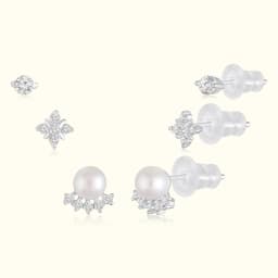 Sterling Silver Earrings Set with Pearl and CZ