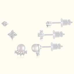 Sterling Silver Earrings Set with Pearl and CZ