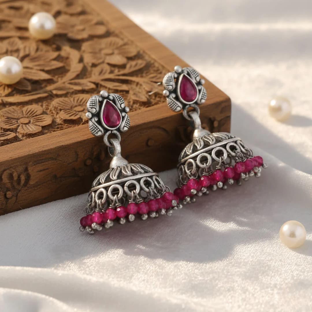 Pink Stone Oxidised Silver Jhumka