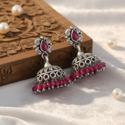 Pink Stone Oxidised Silver Jhumka
