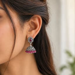 Pink Stone Oxidised Silver Jhumka