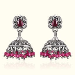 Pink Stone Oxidised Silver Jhumka
