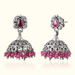 Pink Stone Oxidised Silver Jhumka