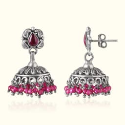 Pink Stone Oxidised Silver Jhumka