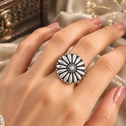 Classic Sunburst Oxidised Silver Adjustable Ring