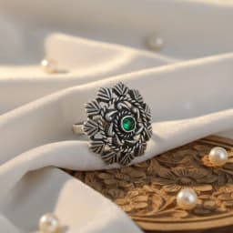 Emerald Bloom Oxidised Silver Adjustable Ring